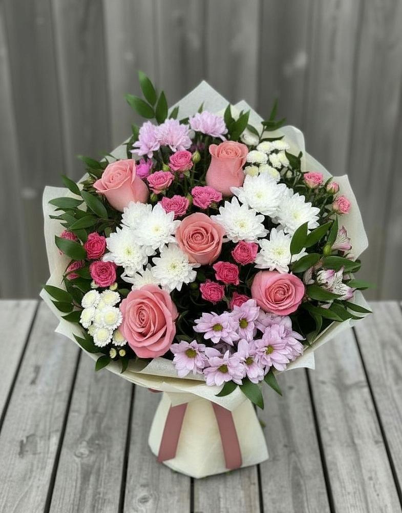 Букет цветов из: Альстромерии, Гвоздики, Розы и Хризантемы в Тимшино