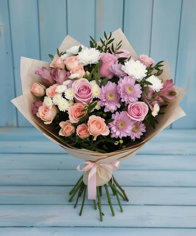 Букет цветов из: Хризантемы, Розы и Альстромерии в Тимшино