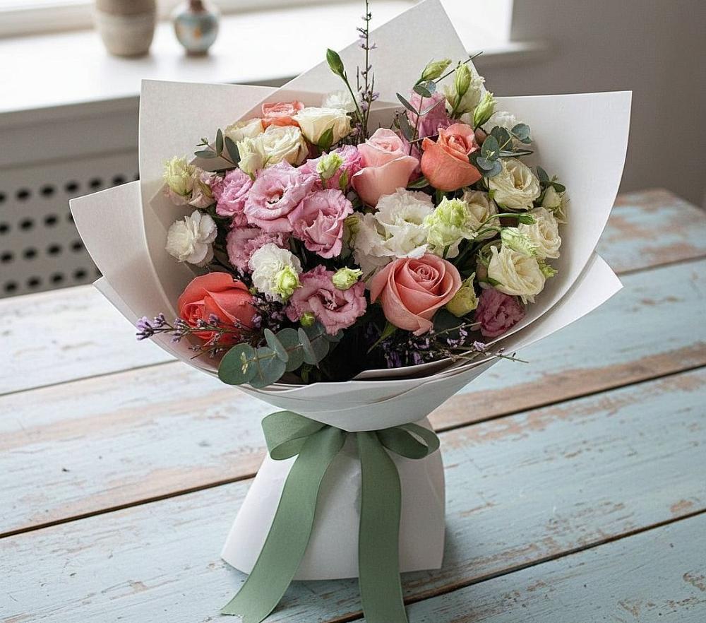 Букет цветов из: Розы, Лизиантусы и Гвоздики в Тимшино