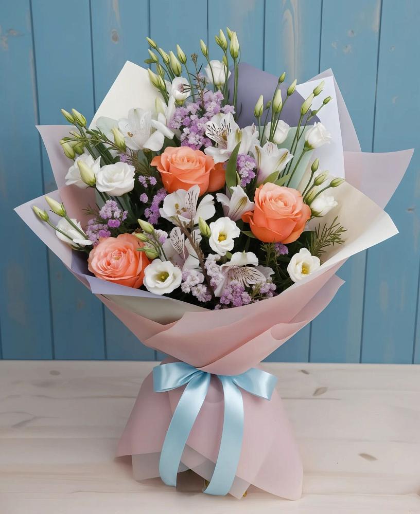 Букет цветов из: Лизиантусы, Розы, Альстромерии и Гипсофила в Тимшино