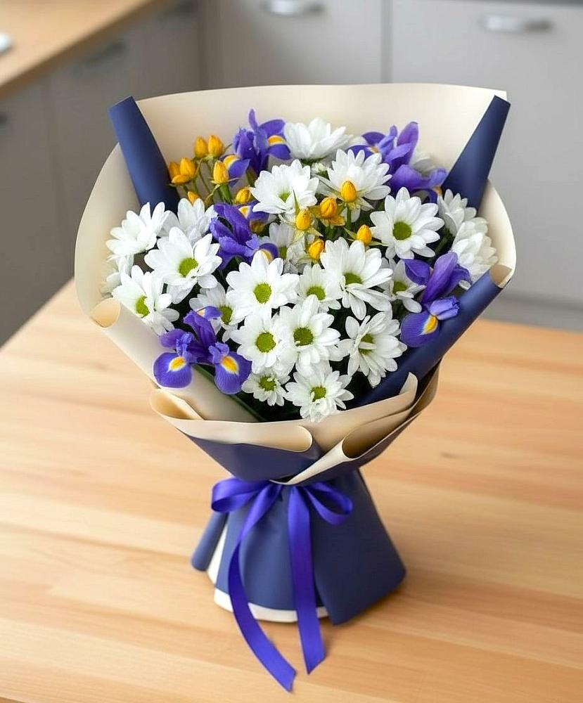 Букет цветов из: Розы, Ирисы и Хризантемы в Тимшино