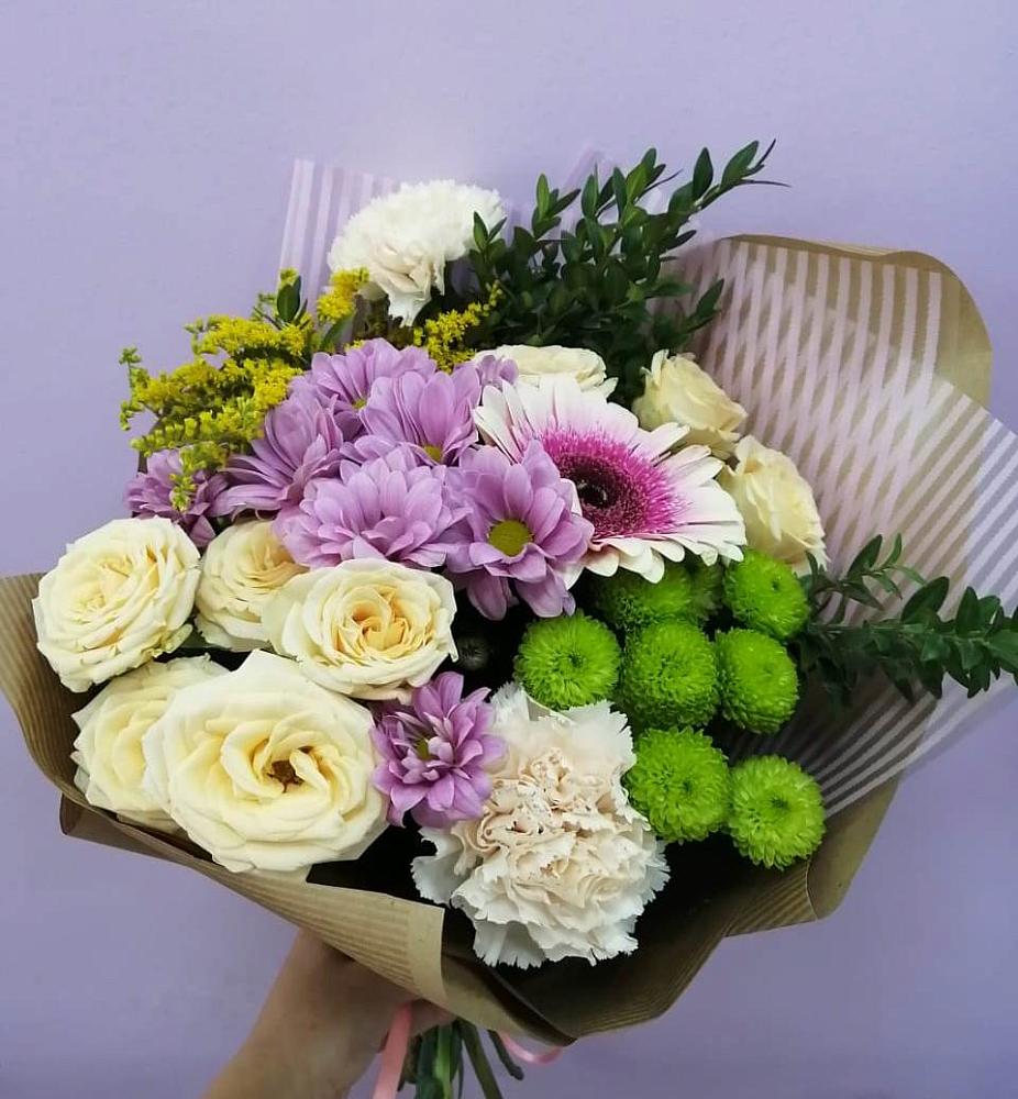 Букет цветов из: Хризантемы, Розы, Гвоздики и Герберы в Тимшино