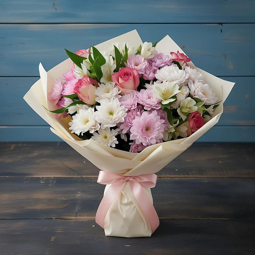 Букет цветов из: Хризантемы, Альстромерии и Розы в Тимшино